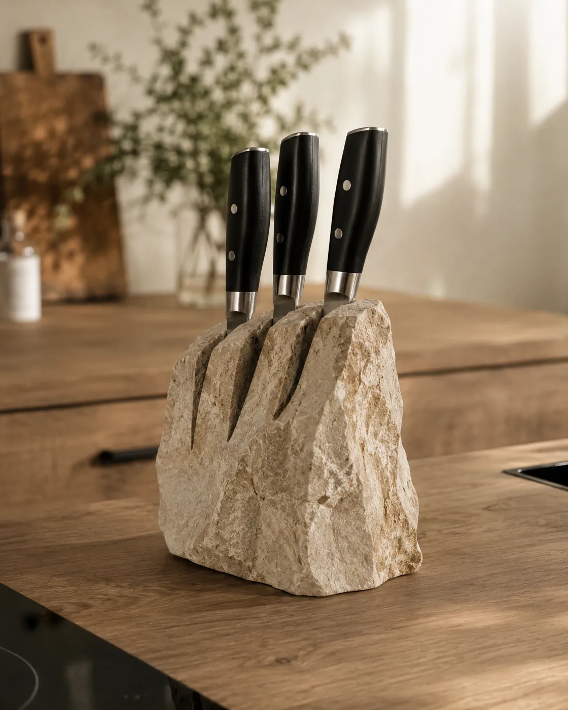 Messerblock aus Naturstein auf einer Küchenarbeitsplatte, individuell gefertigt von Steinbrüder für eine Küche in Krombach