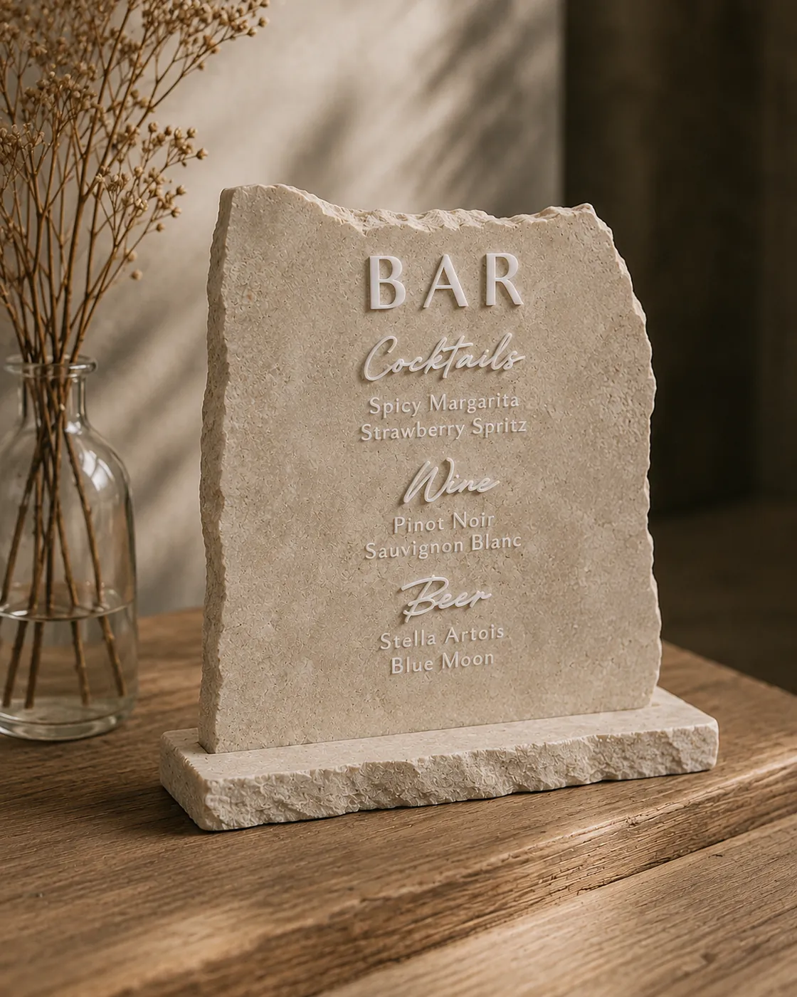 Individuelles Bar-Schild aus Naturstein mit gravierter Getränkekarte als Einzelstück für eine Hochzeit in Frankfurt