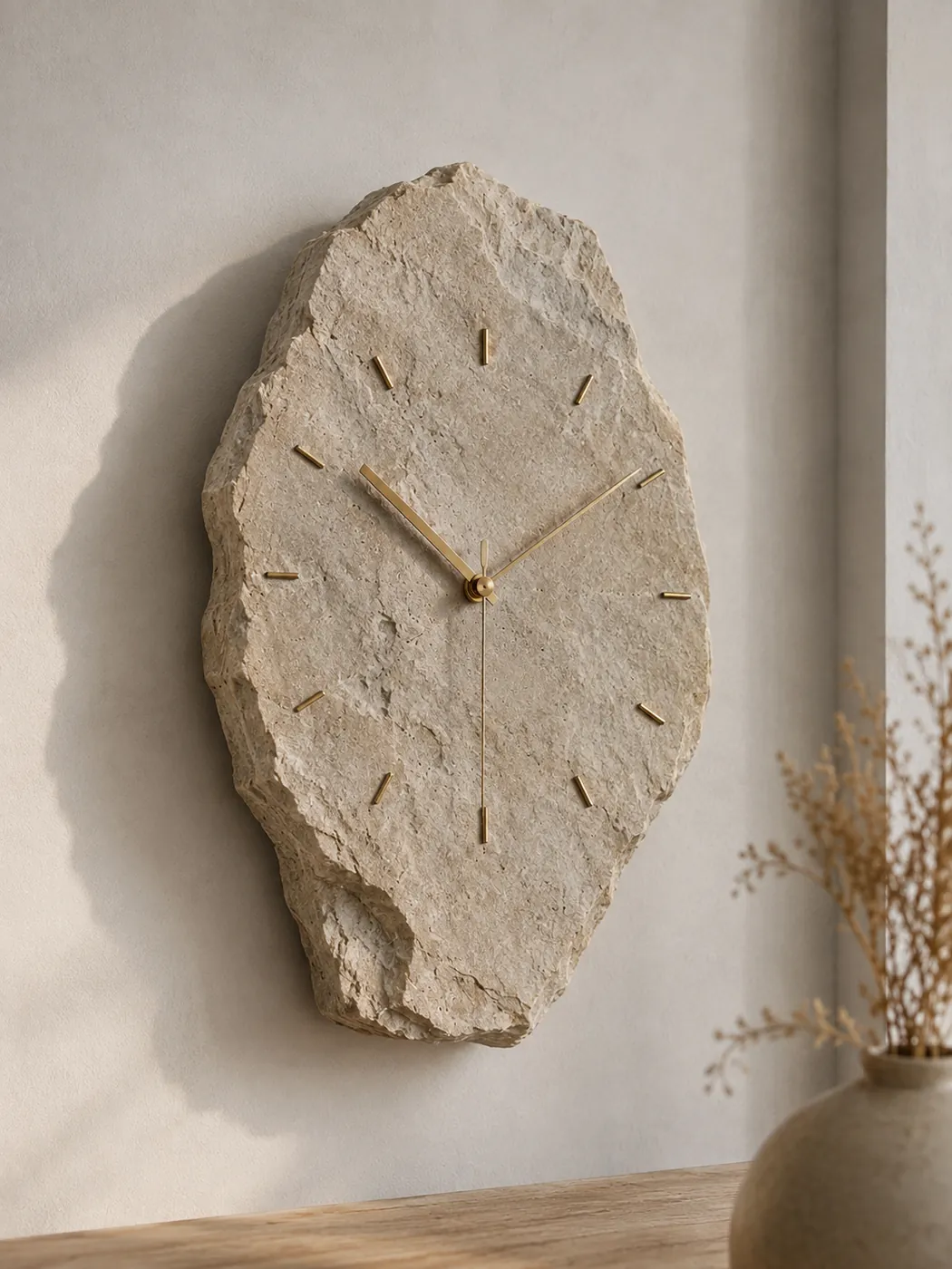 Wanduhr aus Naturstein mit gebrochener Kante und Messingzeigern an einer Wand in Frankfurt