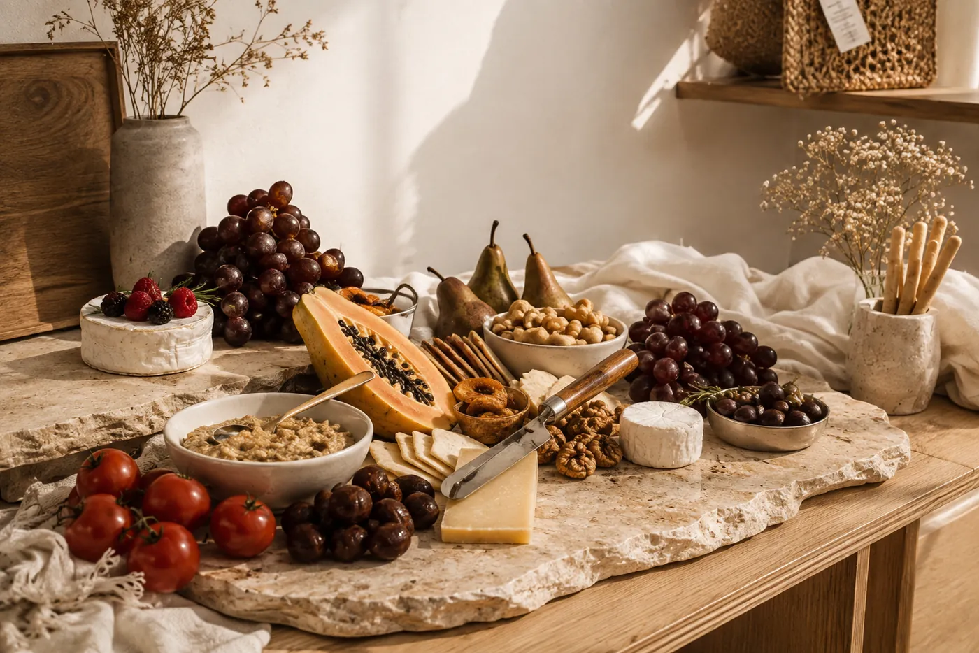 Große Servierplatte aus Naturstein mit Käse, Obst und Antipasti auf einem Esstisch in Großauheim