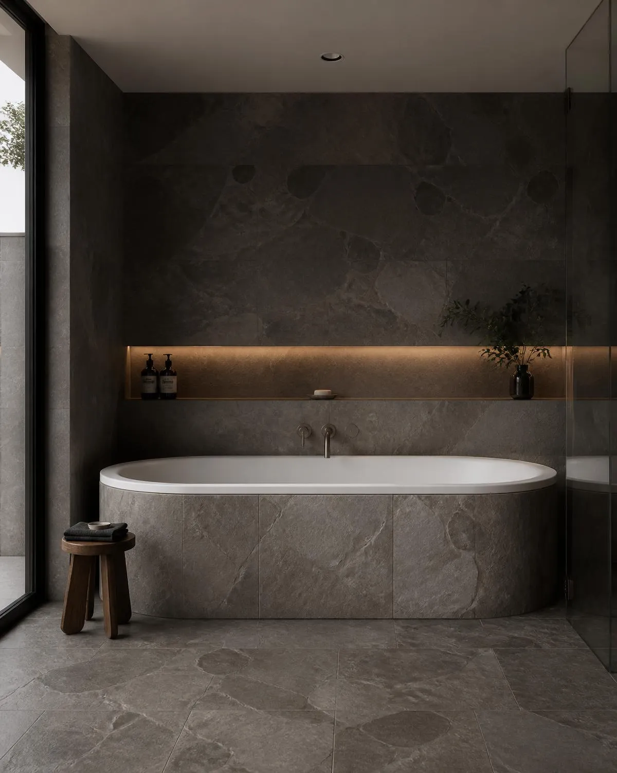 Freistehende Badewanne mit Naturstein-Verkleidung und Steinboden in Seligenstadt