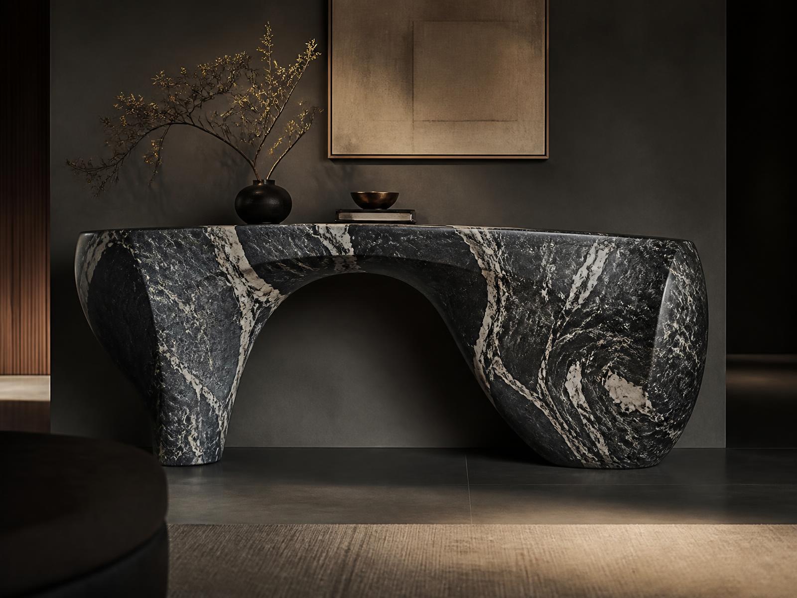 Skulpturale Konsole aus stark gemasertem dunklem Marmor in einem minimalistischen Interieur
