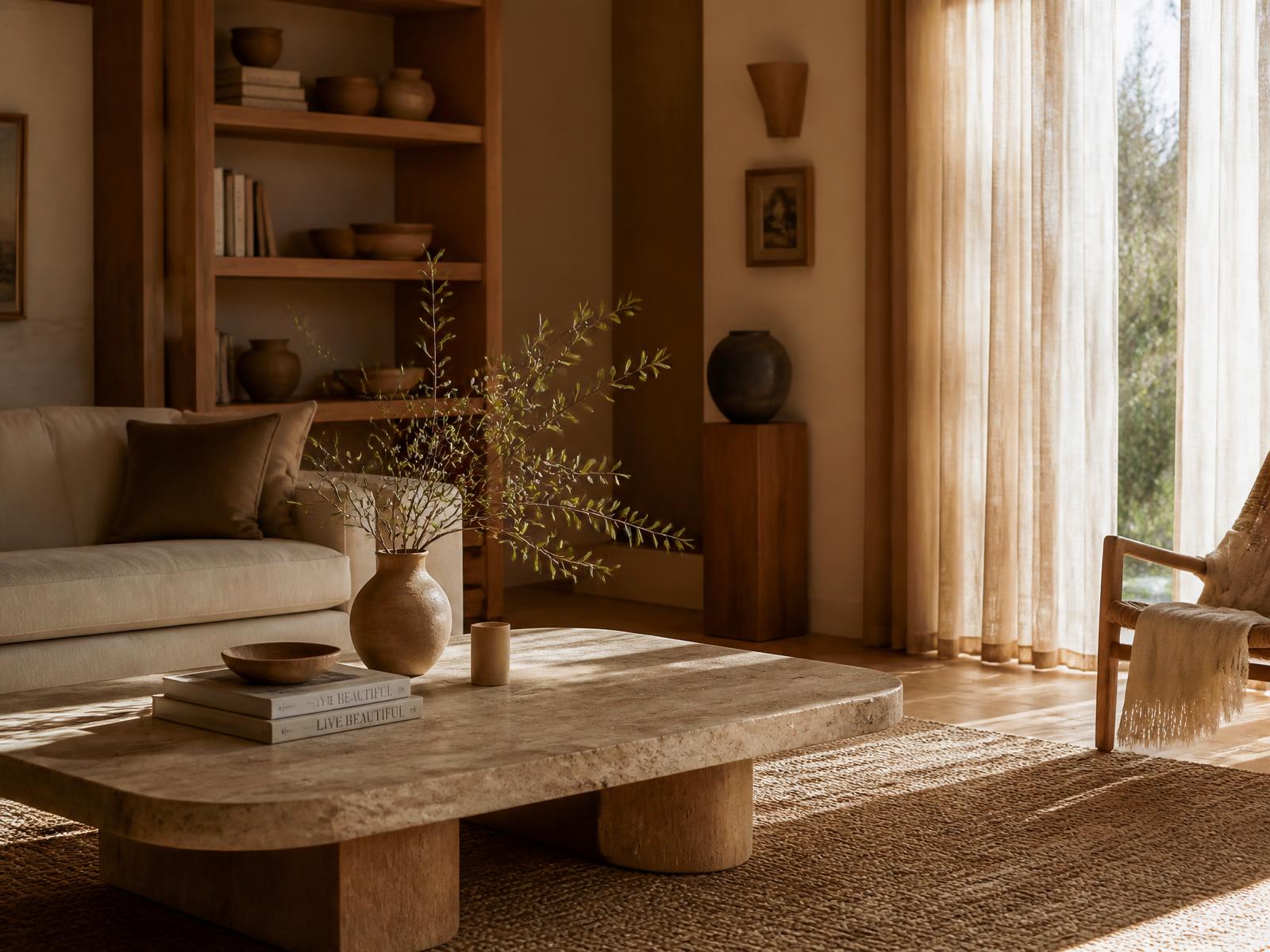 Warm gestalteter Wohnraum mit Natursteintisch, Holz und Leinen
