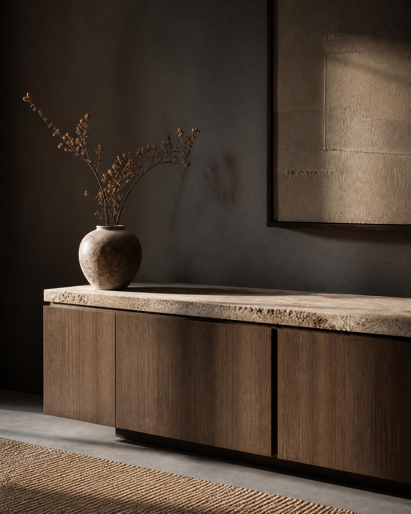 Holz-Sideboard mit massiver Travertin-Natursteinplatte vor dunkler Wand